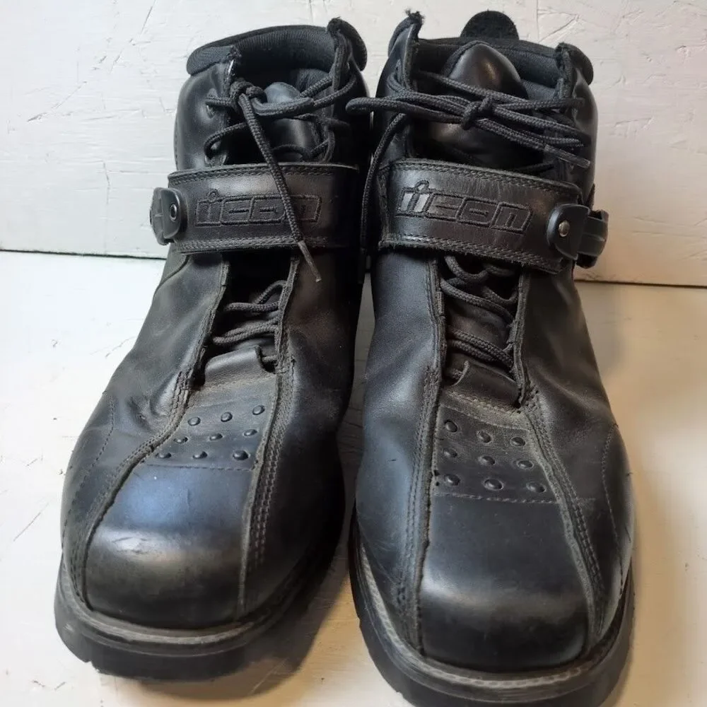 ICON Superduty 4 Black Leather Motorcycle Riding Boots Men’s Size 14 Footpeg